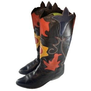 Abstract Vtg Rare Cowboy Boots  Black With Colorful Cut Outs Birds & Stars 1980s